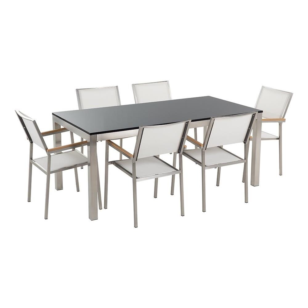 Set Di Tavolo E 6 Sedie Da Giardino In Acciaio, Basalto E Fibra Tessile Bianca - Piano Singolo- Nero Lucido - 180cm - Grosseto - Foto 1