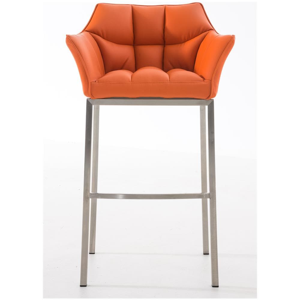 Sgabello Alto Bar DAMASO in Similpelle - Sedia Sgabello con Braccioli e Schienale Imbottiti e Poggiapiedi l Sgabello Fisso Bar Cucina Pub in Acciaio - H 83 cm Arancione Acciaio Inox - Foto 2