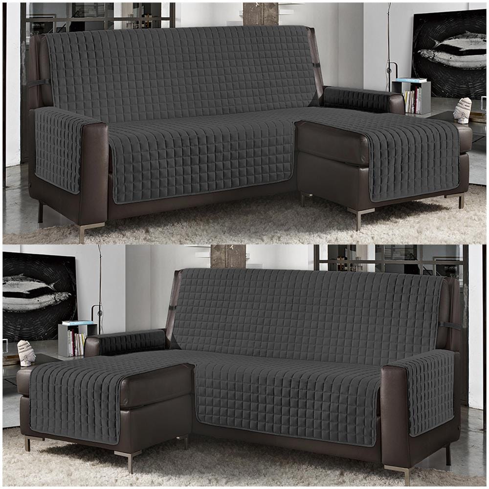 Copridivano Con Penisola Destra / sinistra Trapuntato Tinta Unita Antimacchia Reversibile 4 Posti Grigio Scuro - Foto 1