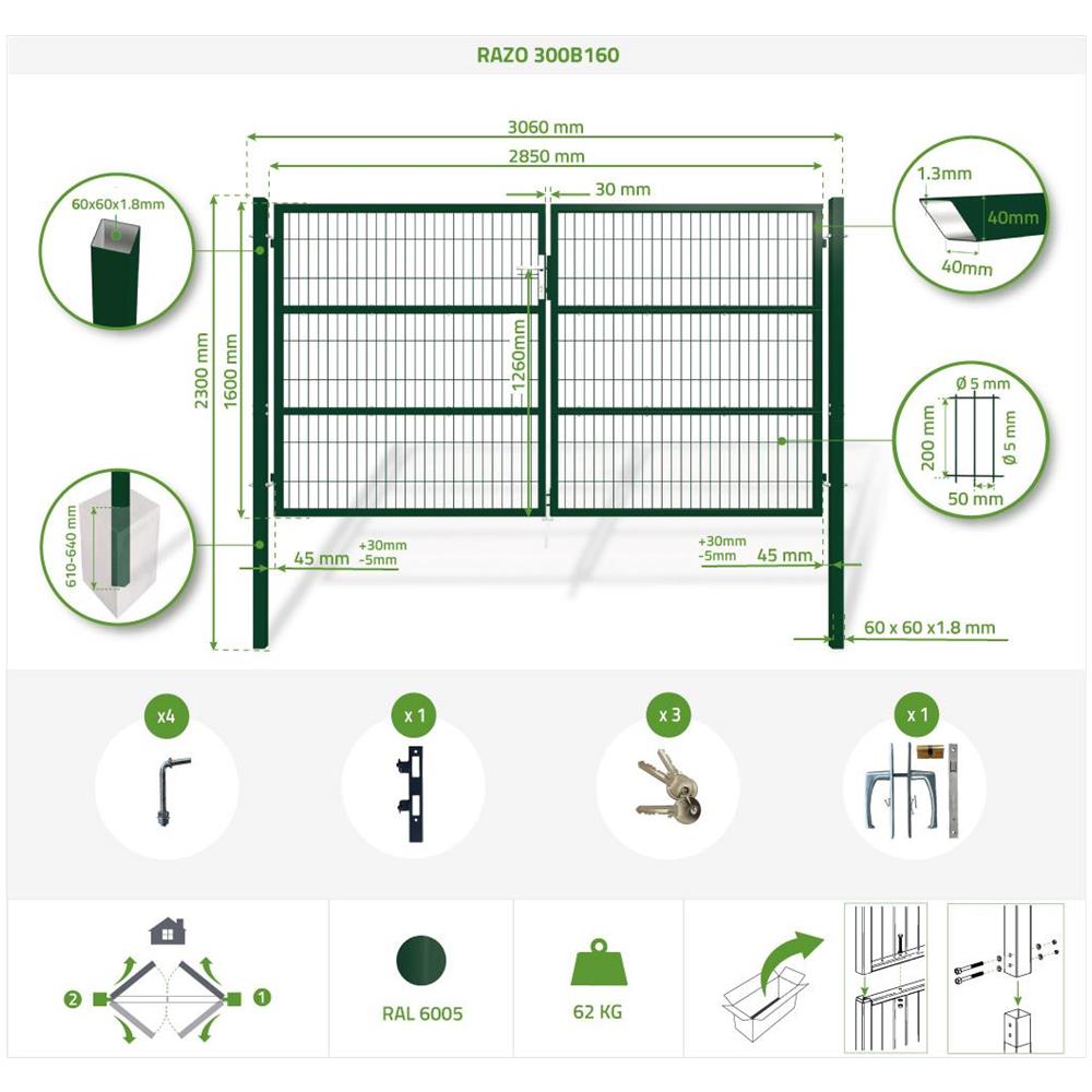 Cancello A Battente In Rete Metallica 3m Razo 300b160 Verde - Foto 8