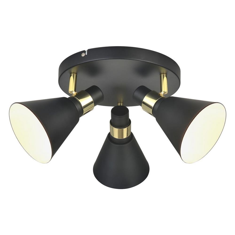 Plafoniera Industriale E Retrò A Filo Nero Opaco, 3 Luci Oro Con Nero Opaco, Paralume Bianco, Attacco E14 - Foto 1