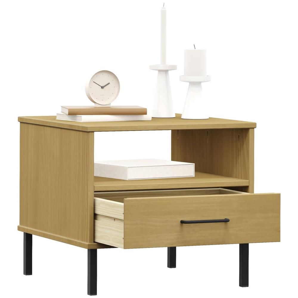 Comodino Con Gambe In Metallo Marrone Legno Massello Pino Oslo - Foto 3