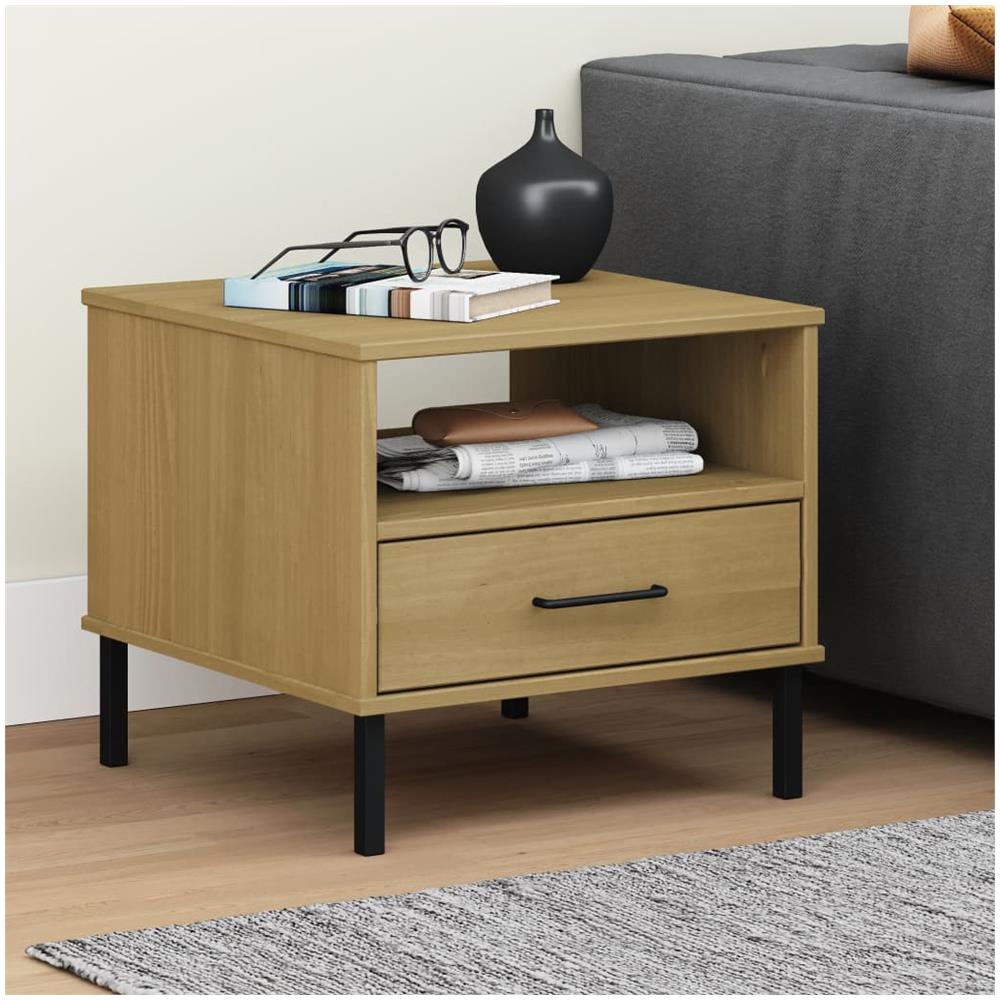 Comodino Con Gambe In Metallo Marrone Legno Massello Pino Oslo - Foto 1