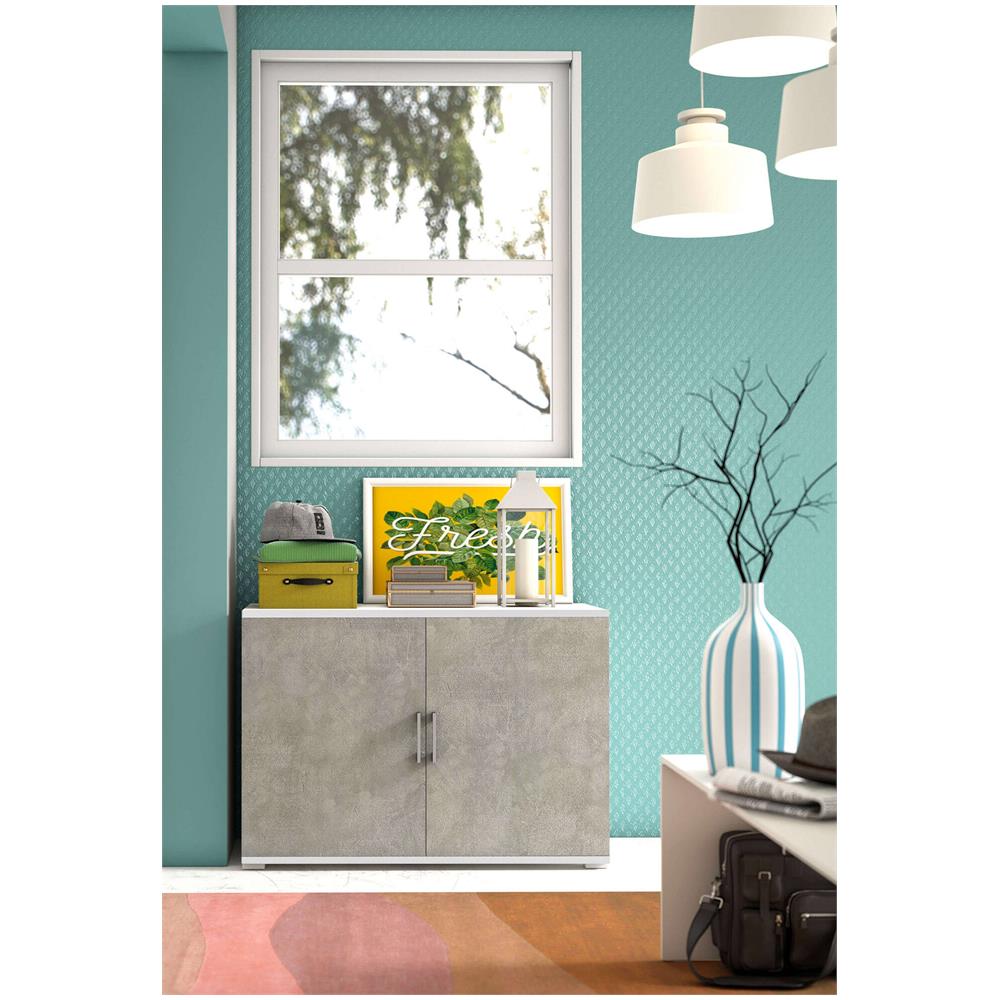 Armadio Multiuso Bucaneve, Mobile Lineare A 2 Ante Battenti Con Ripiano, Mobile Da Ingresso, Scarpiera Moderna, 100% Made In Italy, 90x45h66 Cm, Cemento E Bianco - Foto 1