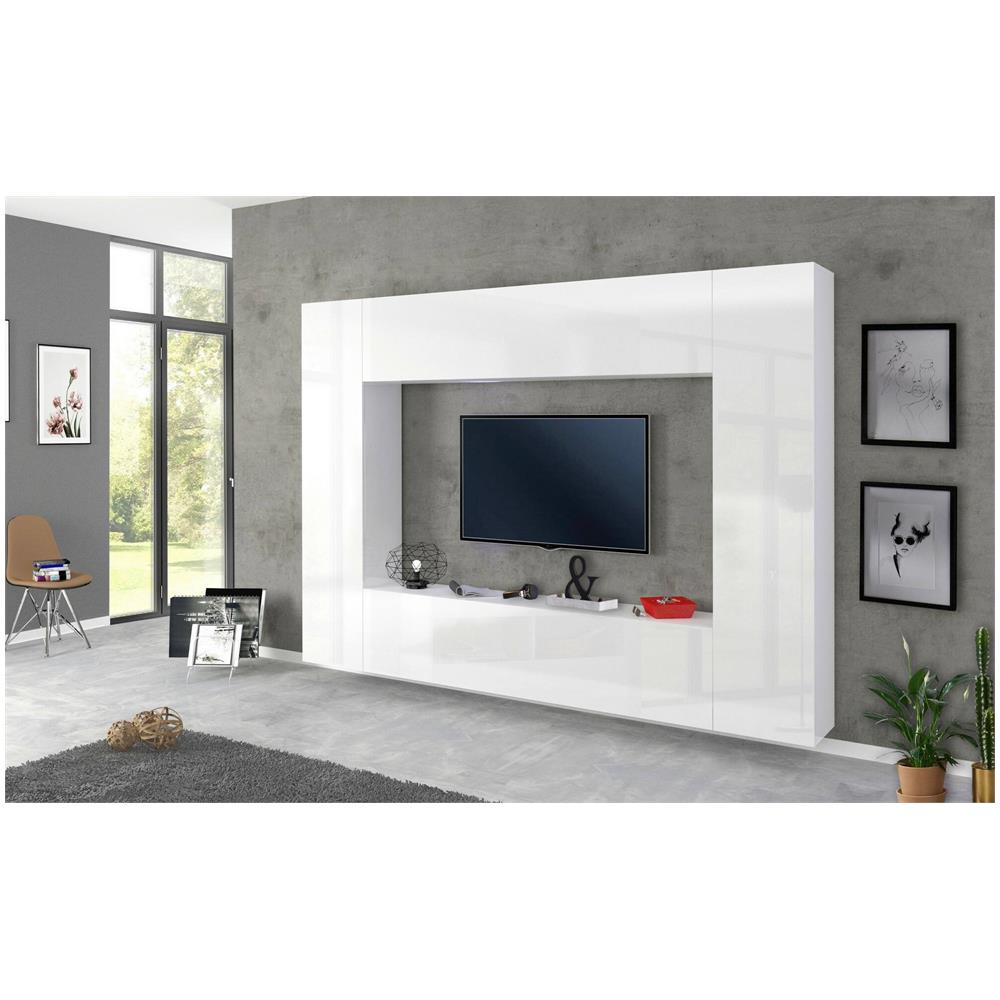 Parete Attrezzata Luigi, Set Salotto Porta Tv A 4 Ante, Mobile Soggiorno Multiuso, 100% Made In Italy, Cm 260x30h180, Bianco Lucido - Foto 1