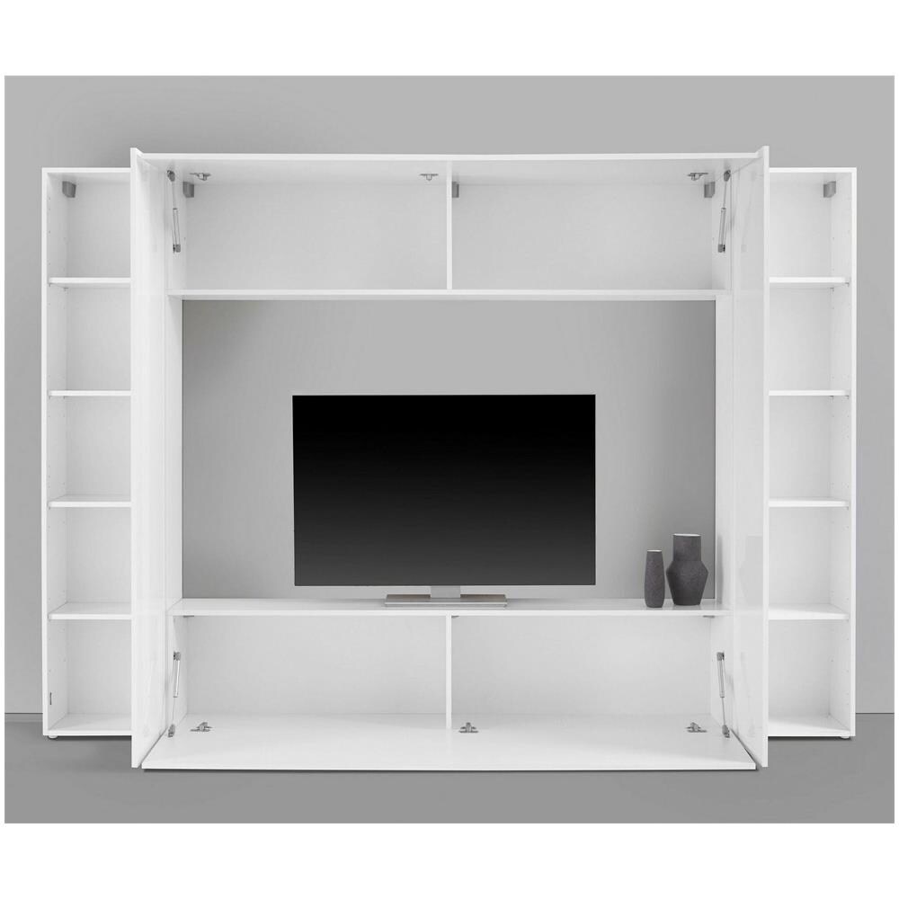 Parete Attrezzata Luigi, Set Salotto Porta Tv A 4 Ante, Mobile Soggiorno Multiuso, 100% Made In Italy, Cm 260x30h180, Bianco Lucido - Foto 4