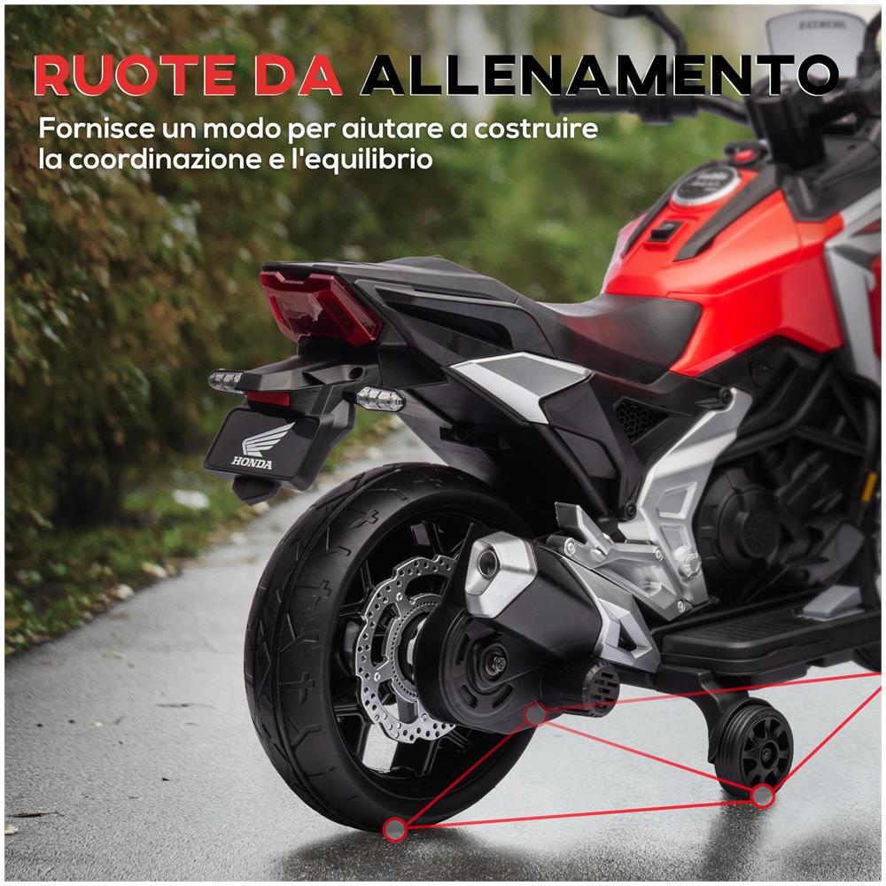 Moto Elettrica per Bambini 3-6 Anni Licenza Honda con Fari, Musica e Rotelle, 107x46x75 cm, Rosso - Foto 6