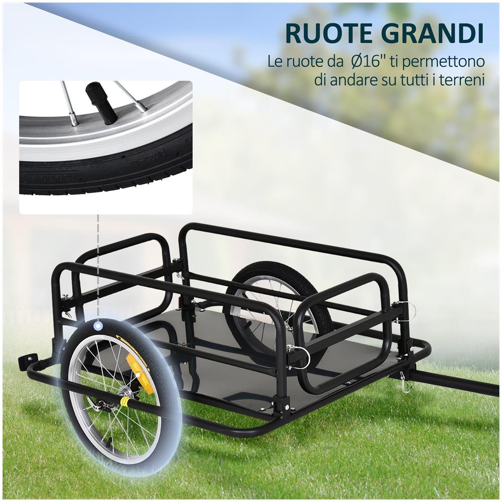 Carrello Bici con Pareti Pieghevoli, Gancio e 4 Catarifrangenti, in Acciaio e PE, 139x71.5x49 cm, Nero - Foto 6