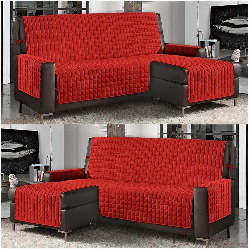 Copridivano Con Penisola Destra / sinistra Trapuntato Tinta Unita Antimacchia Reversibile 4 Posti Rosso - Foto 1