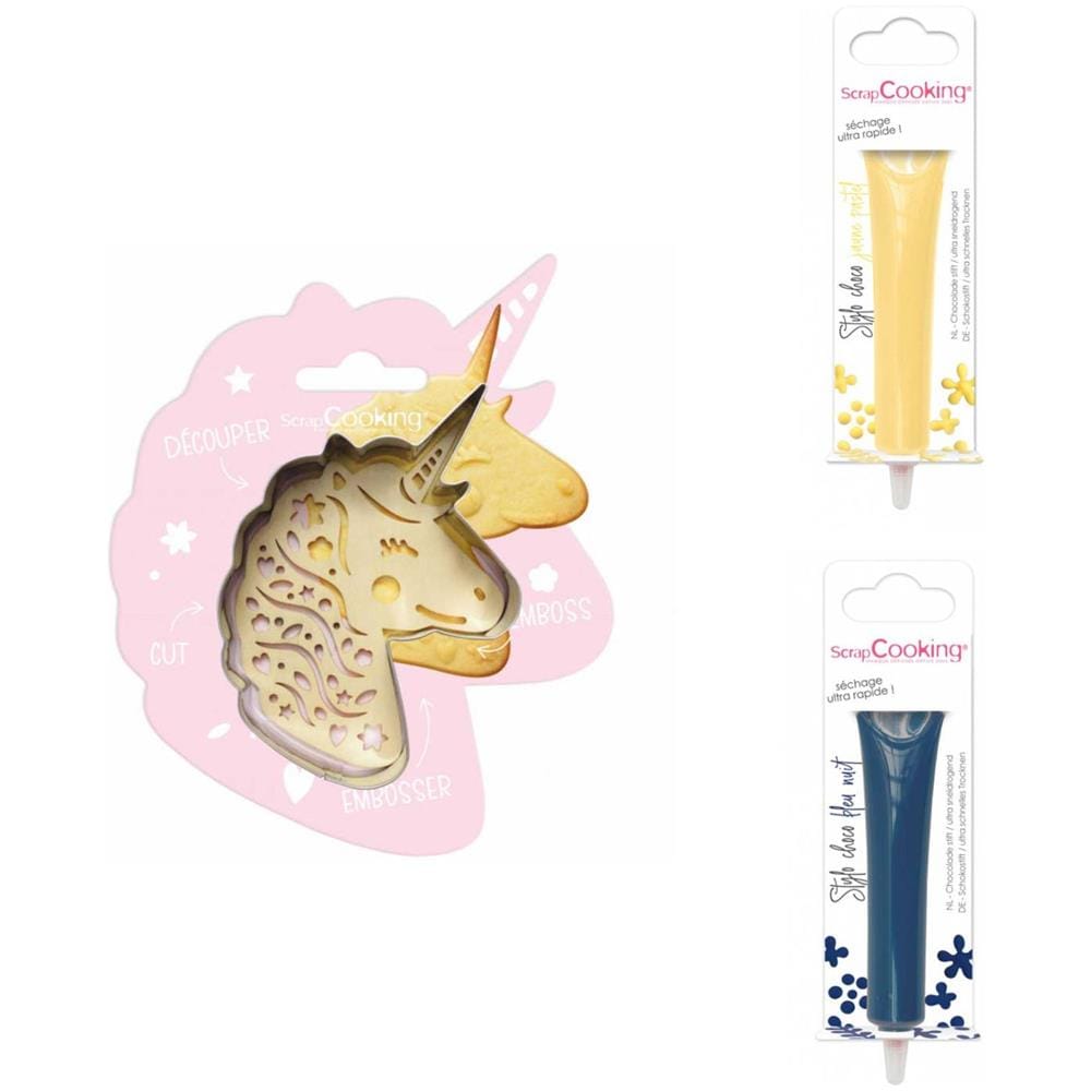 Kit Biscotti Unicorno + 2 Penne Al Cioccolato Giallo Pastello E Blu Notte - Foto 1