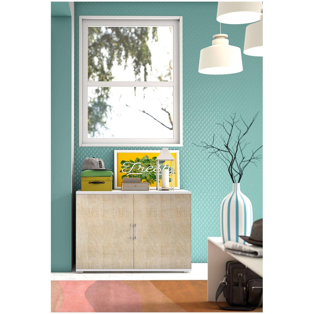 Armadio Multiuso Bucaneve, Mobile Lineare A 2 Ante Battenti Con Ripiano, Mobile Da Ingresso, Scarpiera Moderna, 100% Made In Italy, 90x45h66 Cm, Rovere E Bianco - Foto 1