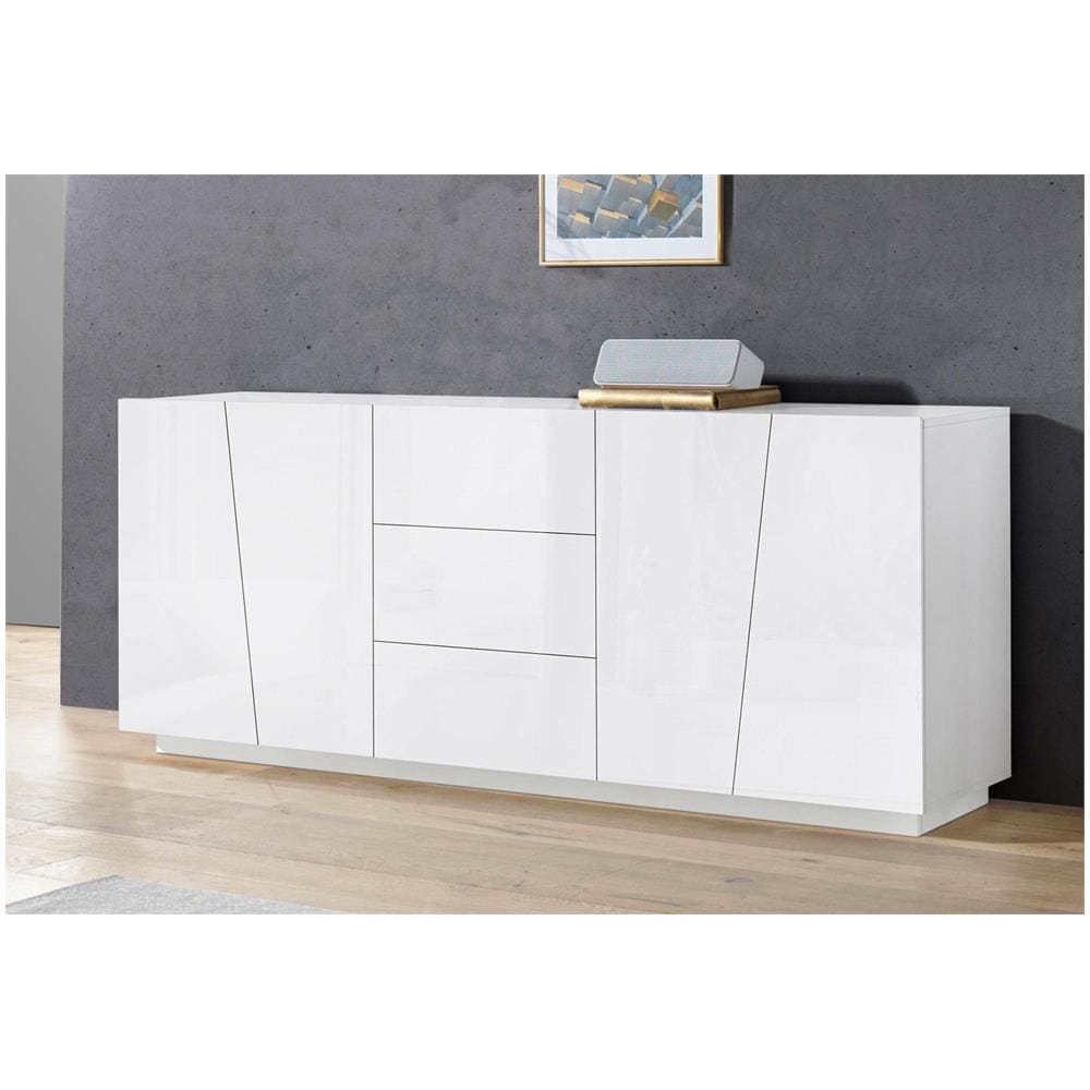 Credenza Sven, Madia Da Cucina A 4 Ante E 3 Cassetti, Buffet Da Soggiorno, 100% Made In Italy, Cm 220x43h86, Bianco Lucido - Foto 1