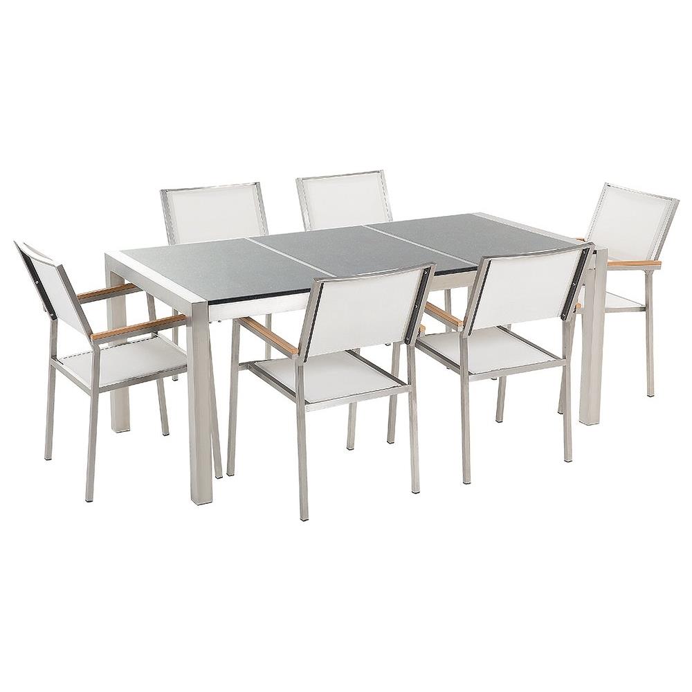 Set Di Tavolo E 6 Sedie Da Giardino In Acciaio, Granito E Fibra Tessile Bianca - Grigio Lucido - 180cm - Grosseto - Foto 1