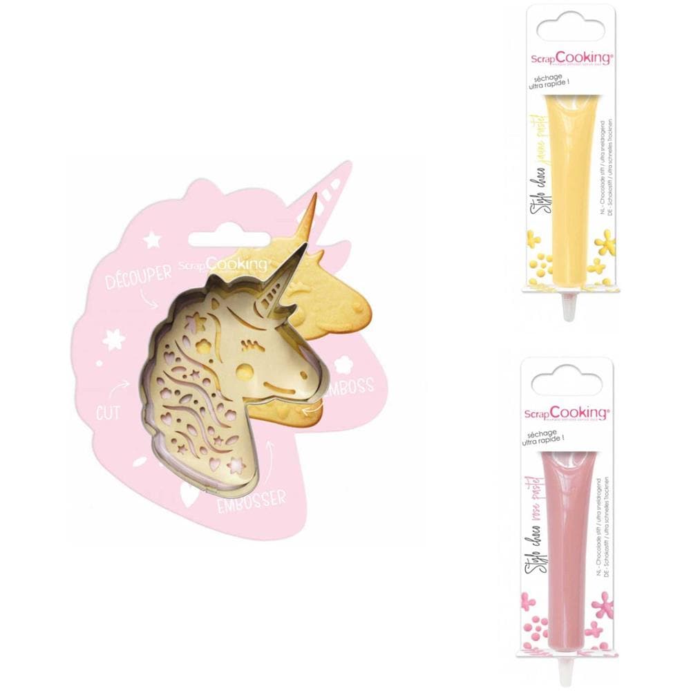 Kit Biscotti Unicorno + 2 Penne Al Cioccolato Giallo Pastello E Rosa Pastello - Foto 1