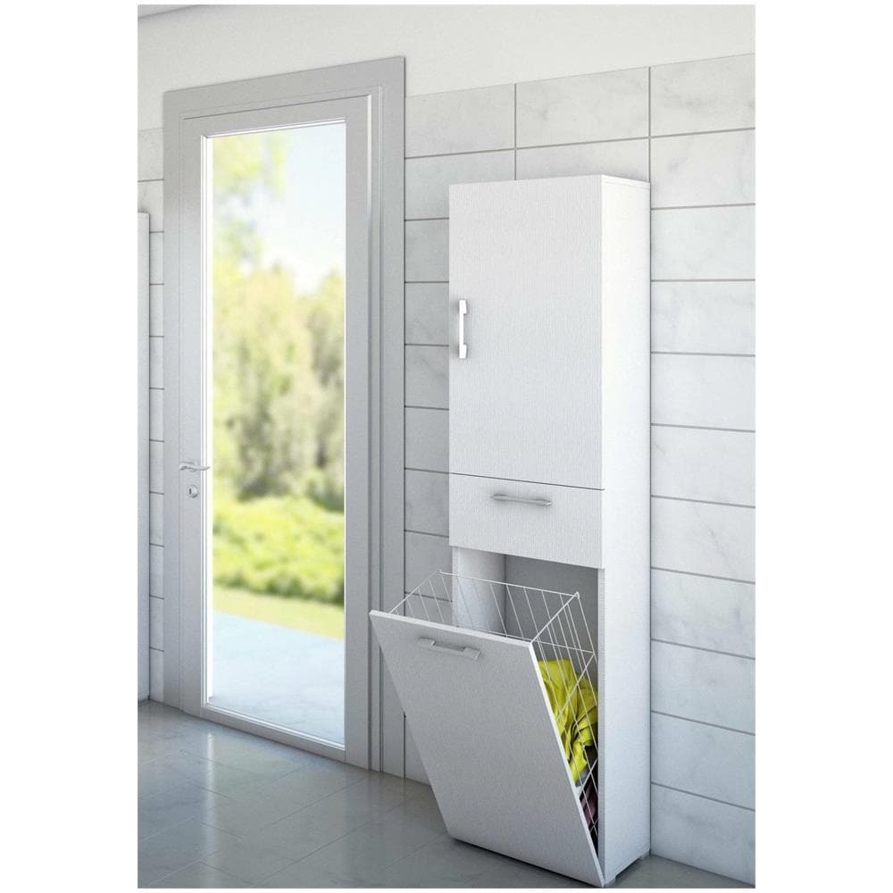 Armadio Multiuso Escolzia, Mobile Lavanderia Lineare A 2 Ante, Colona Da Bagno Con Cestello Portabiancheria, 100% Made In Italy, 45x32h195 Cm, Bianco - Foto 1