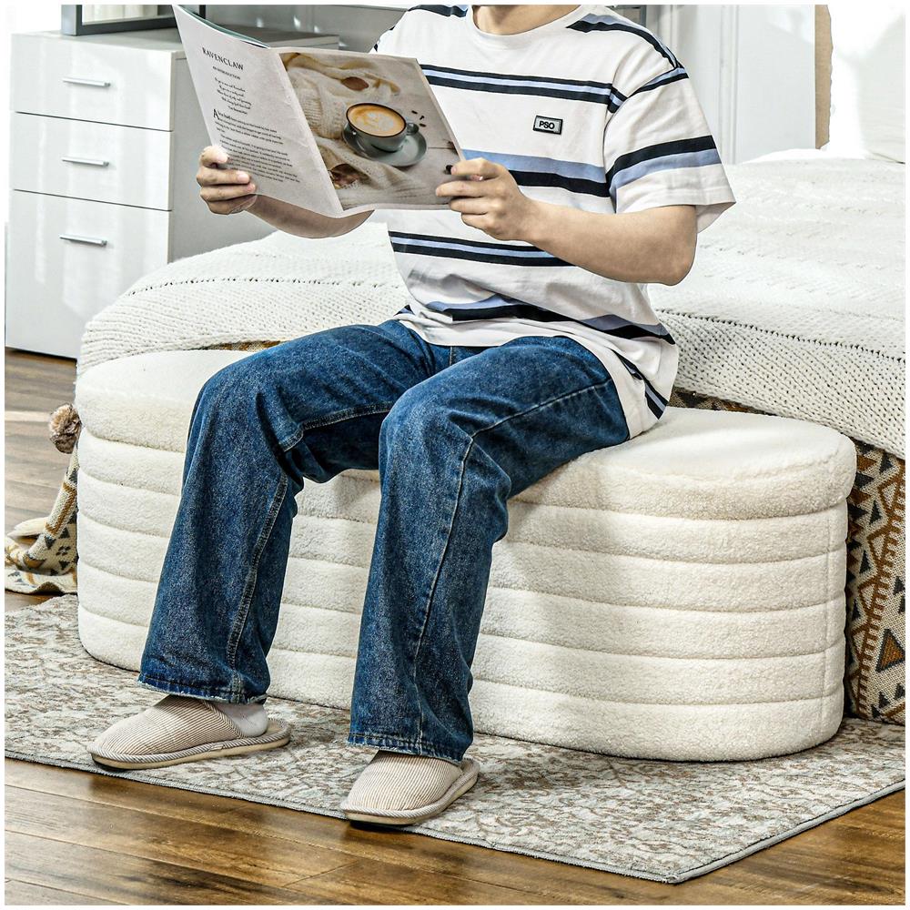 Panca Fondo Letto in Tessuto Teddy con Vano Contenitore per Ingresso e Camera, 116x41x40.5cm, Crema - Foto 2