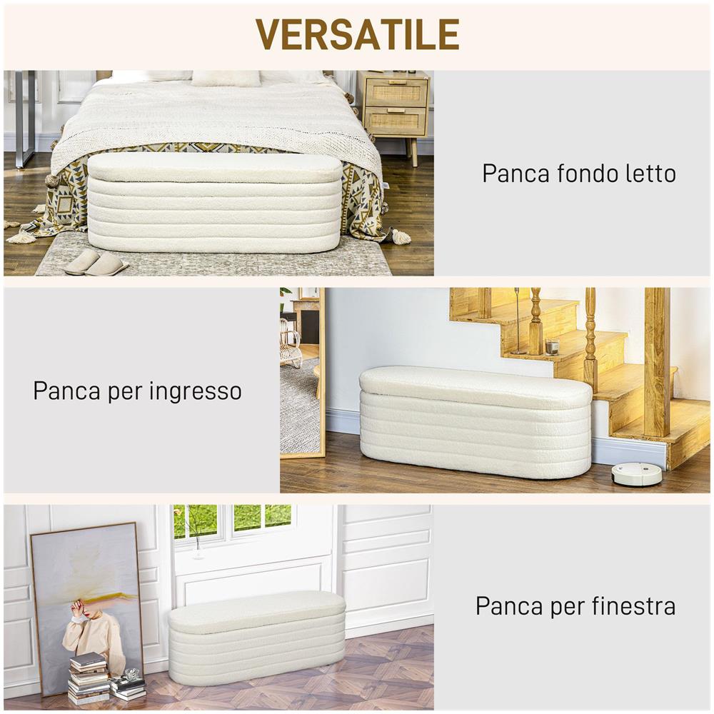 Panca Fondo Letto in Tessuto Teddy con Vano Contenitore per Ingresso e Camera, 116x41x40.5cm, Crema - Foto 6