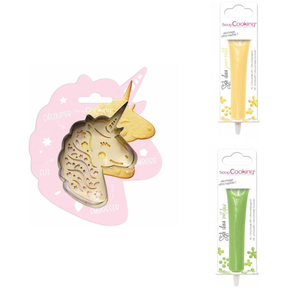 Kit Biscotti Unicorno + 2 Penne Al Cioccolato Giallo Pastello E Verde Chiaro - Foto 1