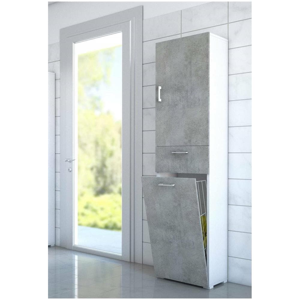 Armadio Multiuso Escolzia, Mobile Lavanderia Lineare A 2 Ante, Colona Da Bagno Con Cestello Portabiancheria, 100% Made In Italy, 45x32h195 Cm, Cemento E Bianco - Foto 1