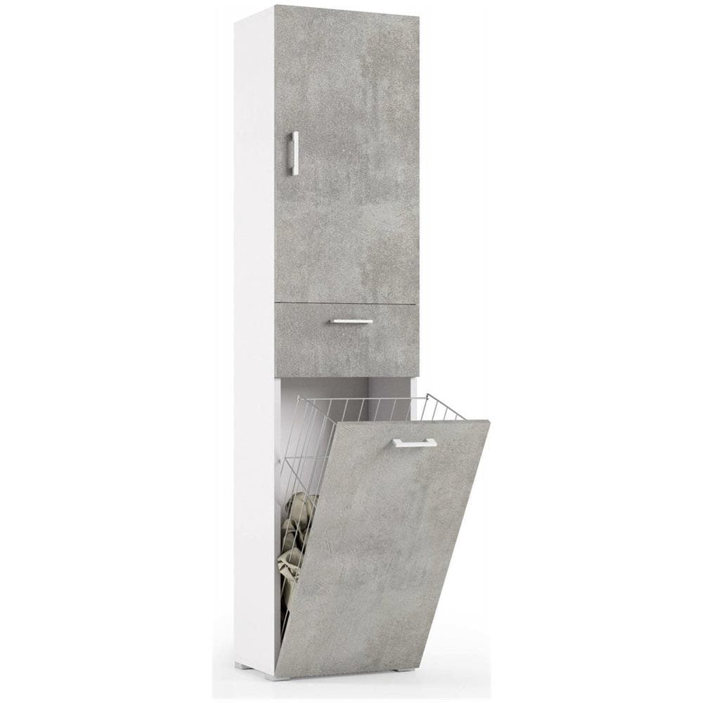 Armadio Multiuso Escolzia, Mobile Lavanderia Lineare A 2 Ante, Colona Da Bagno Con Cestello Portabiancheria, 100% Made In Italy, 45x32h195 Cm, Cemento E Bianco - Foto 2