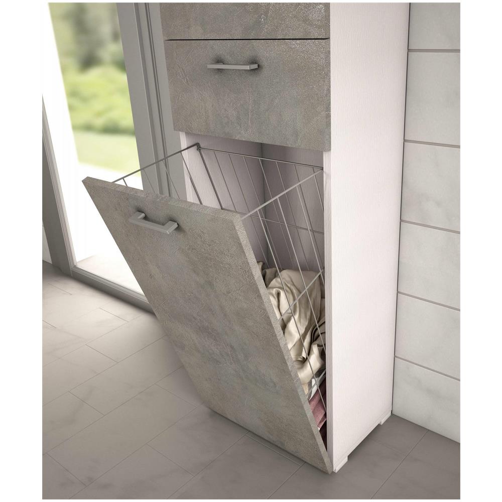 Armadio Multiuso Escolzia, Mobile Lavanderia Lineare A 2 Ante, Colona Da Bagno Con Cestello Portabiancheria, 100% Made In Italy, 45x32h195 Cm, Cemento E Bianco - Foto 4