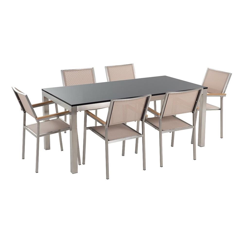 Set Di Tavolo E 6 Sedie Da Giardino In Acciaio, Basalto E Fibra Tessile Beige- Piano Singolo- Nero Lucido - 180cm - Grosseto - Foto 1
