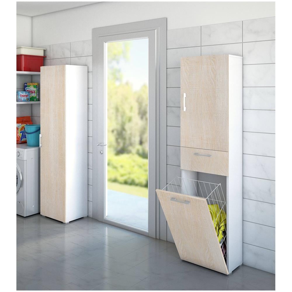 Armadio Multiuso Escolzia, Mobile Lavanderia Lineare A 2 Ante, Colona Da Bagno Con Cestello Portabiancheria, 100% Made In Italy, 45x32h195 Cm, Rovere E Bianco - Foto 1