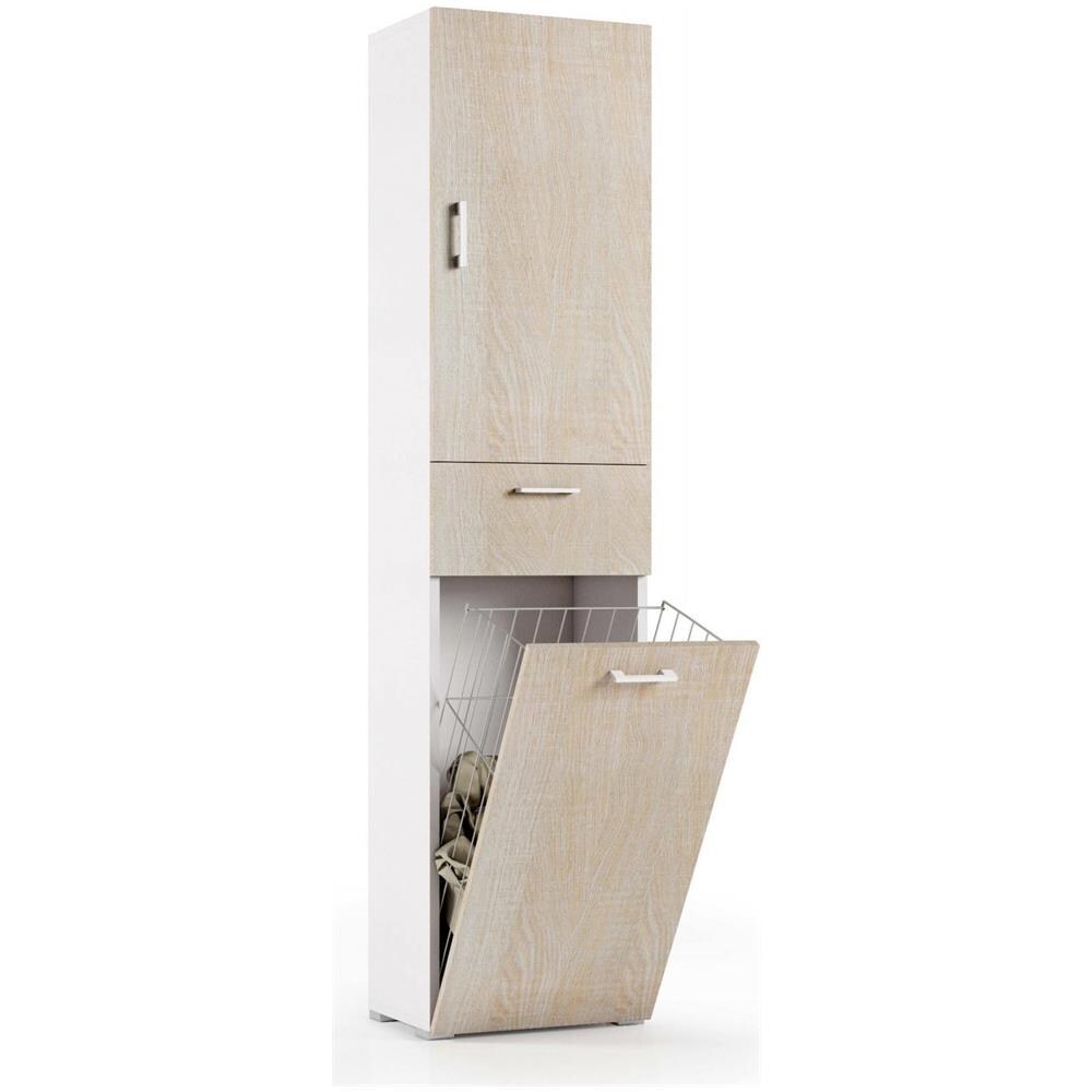 Armadio Multiuso Escolzia, Mobile Lavanderia Lineare A 2 Ante, Colona Da Bagno Con Cestello Portabiancheria, 100% Made In Italy, 45x32h195 Cm, Rovere E Bianco - Foto 2
