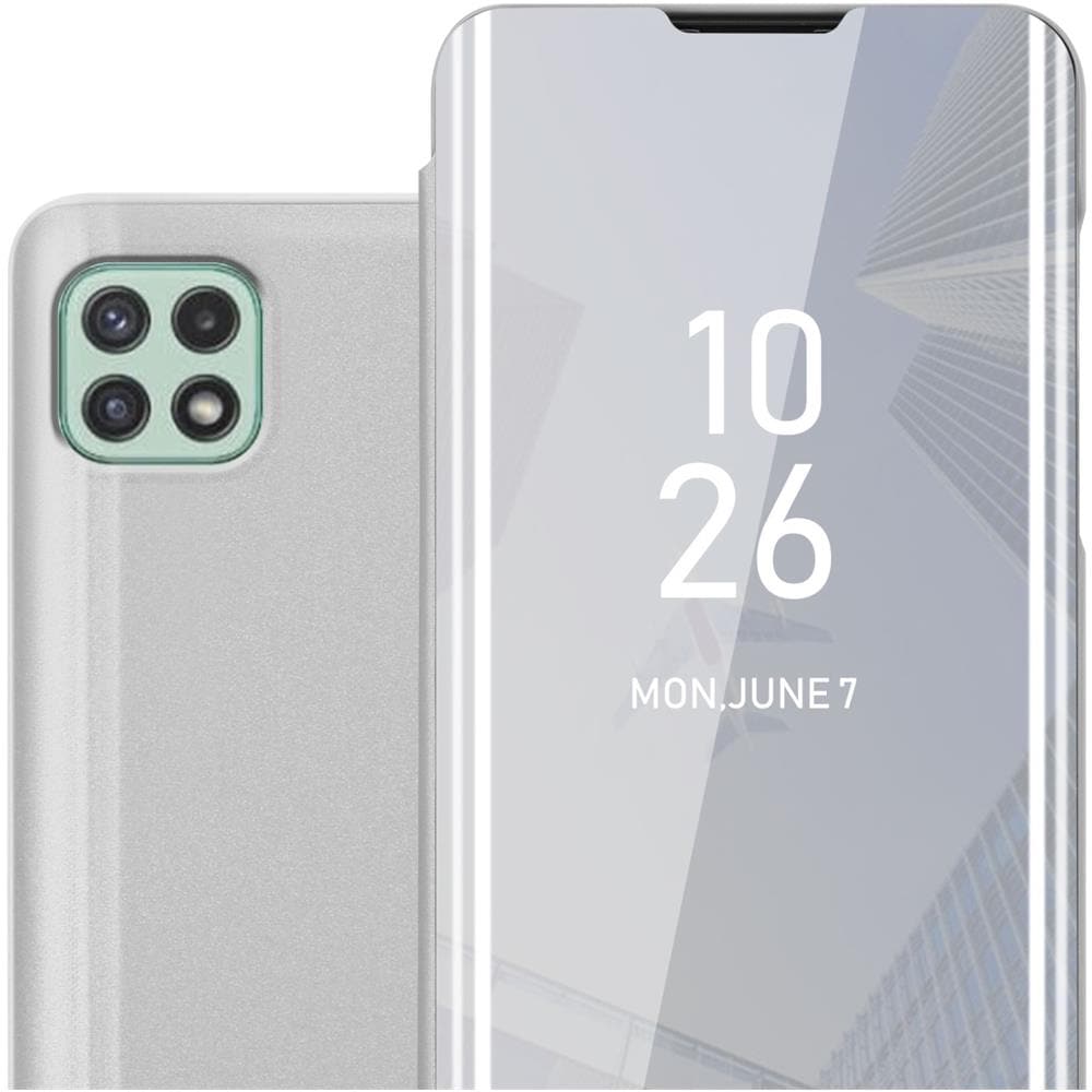 Custodia Compatibile Con Samsung Galaxy A22 5g In Agata Argento - Clear View Specchio Coperchio Protettivo Con Funzione Di Supporto Protezione A 360 Gradi - Foto 1