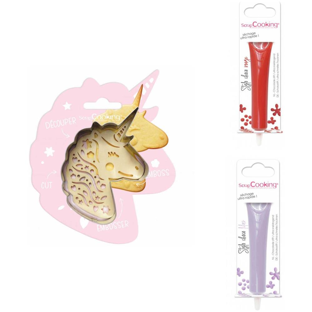 Kit Biscotti Unicorno + 2 Penne Al Cioccolato Rosso E Lilla - Foto 1
