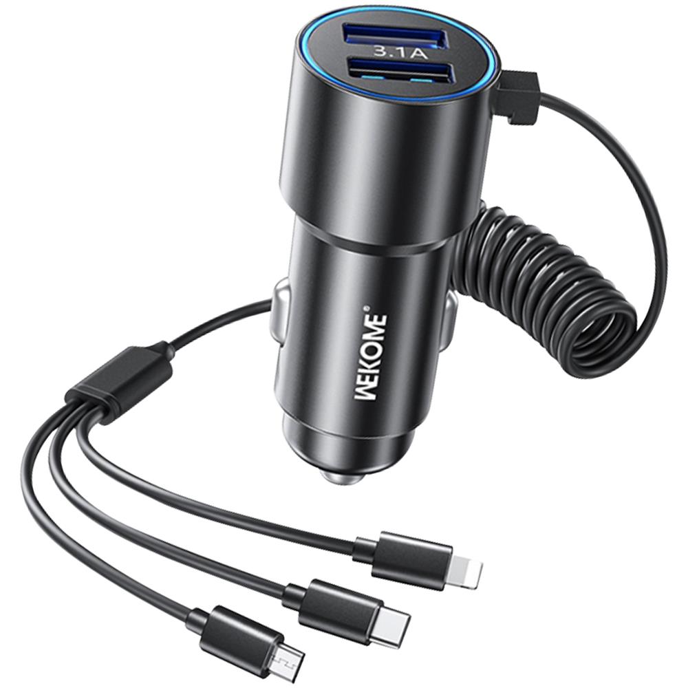 Caricabatterie Da Auto 2x Usb E Cavo 3 In 1 Potenza 33w Wekome Nero - Foto 1
