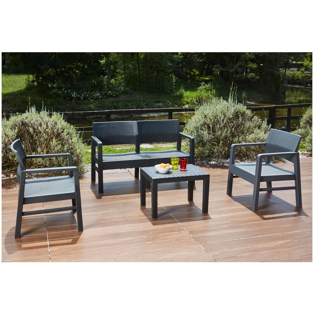 Set Salotto Da Esterno Carpi, Set Da Giardino Con 2 Poltrone, 1 Divano Ed 1 Tavolino, Salottino Effetto Rattan Con Cuscini, 100% Made In Italy, Antracite - Foto 1