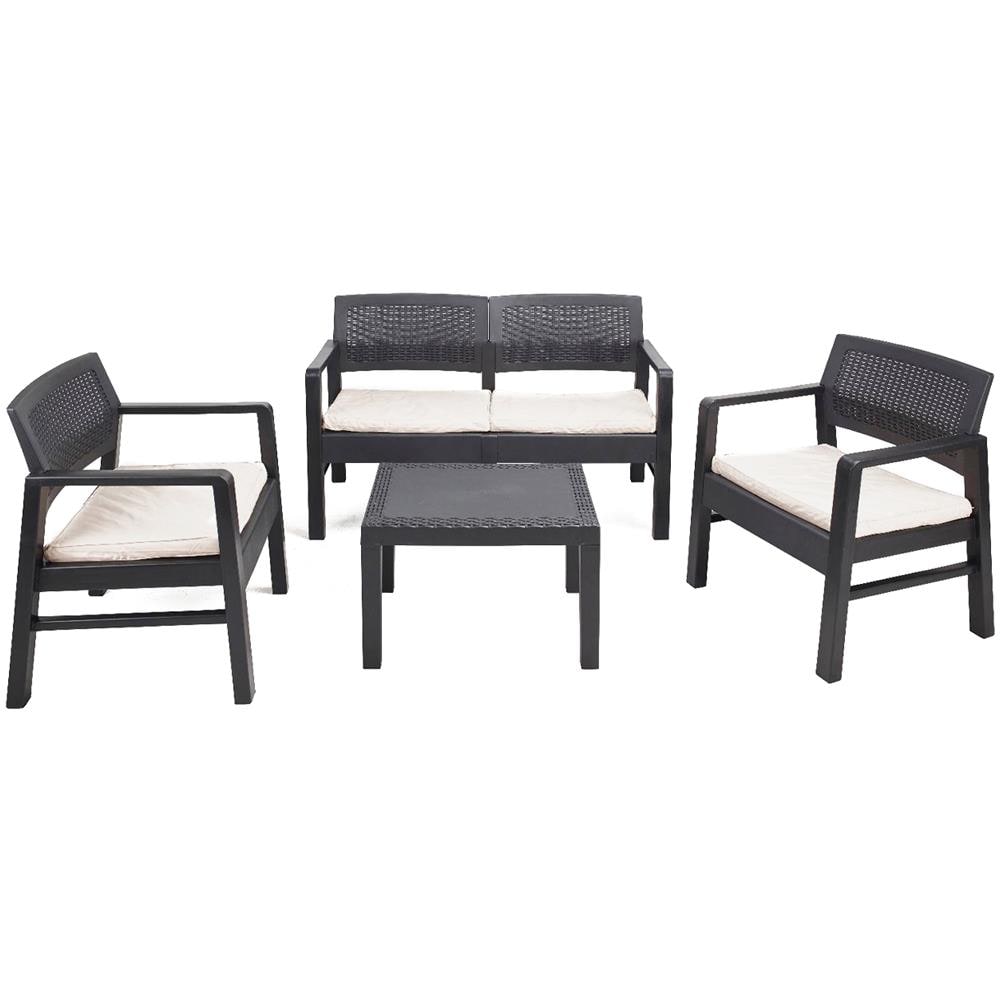 Set Salotto Da Esterno Carpi, Set Da Giardino Con 2 Poltrone, 1 Divano Ed 1 Tavolino, Salottino Effetto Rattan Con Cuscini, 100% Made In Italy, Antracite - Foto 2