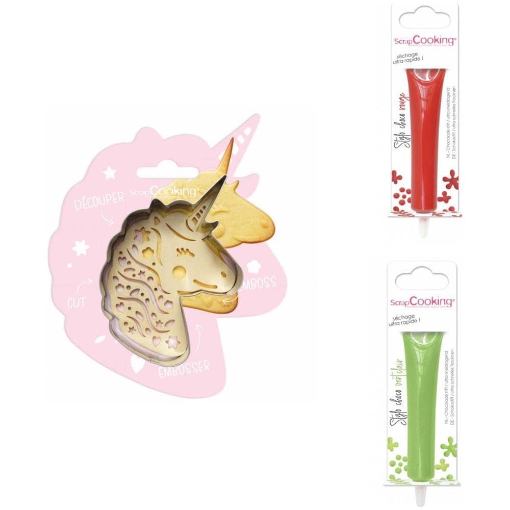 Kit Biscotti Unicorno + 2 Penne Al Cioccolato Rosso E Verde - Foto 1