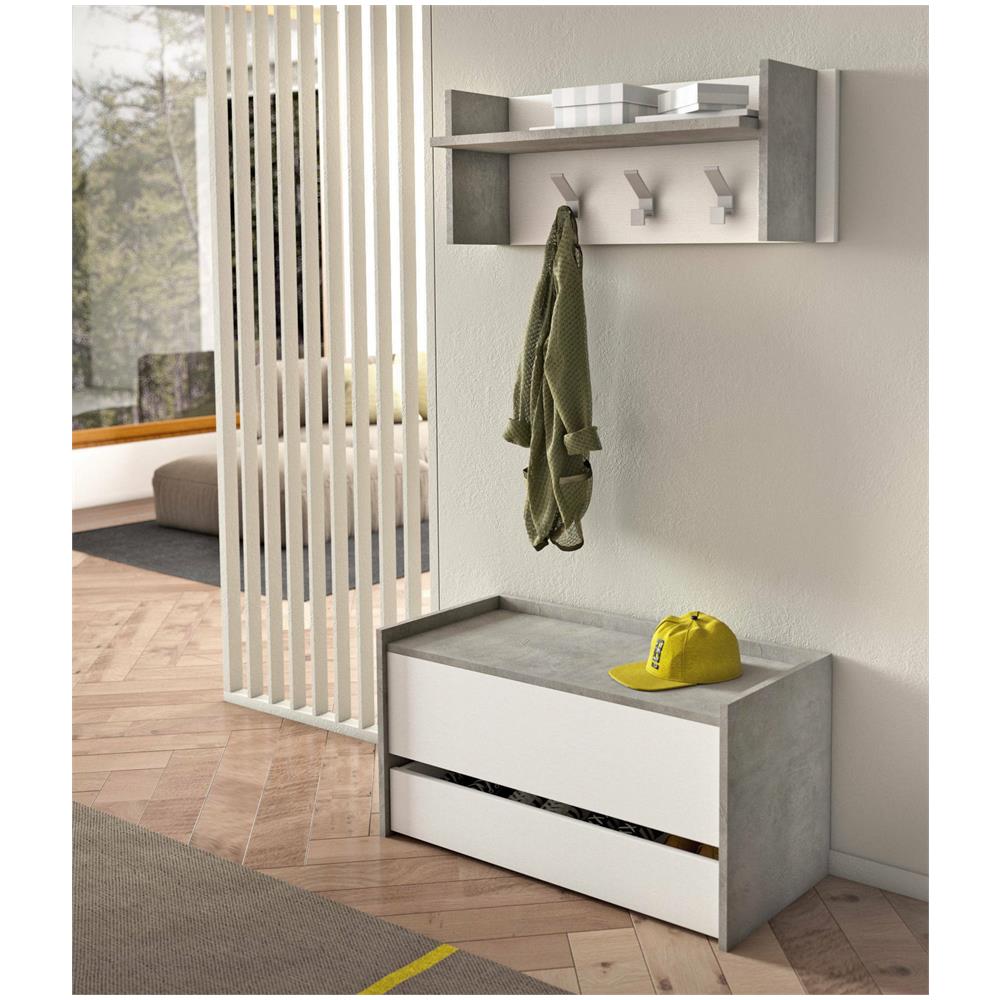 Cassapanca Lantana, Mobile Da Ingresso Moderno Con Scarpiera, Cassapanca Baule Con Due Contenitori, 100% Made In Italy, 90x40h46 Cm, Bianco E Cemento - Foto 1