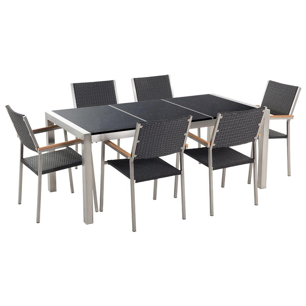 Set Di Tavolo E Sedie Da Giardino In Acciaio, Basalto E Rattan - 180cm - Nero Lucido - Grosseto - Foto 1