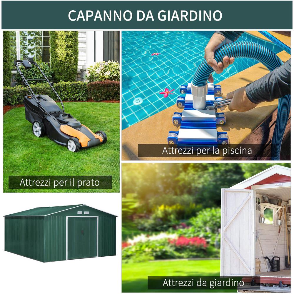 Casetta da Giardino con 2 Porte Scorrevoli e 4 Prese d'Aria in Acciaio, 340x386x200cm, Verde - Foto 6