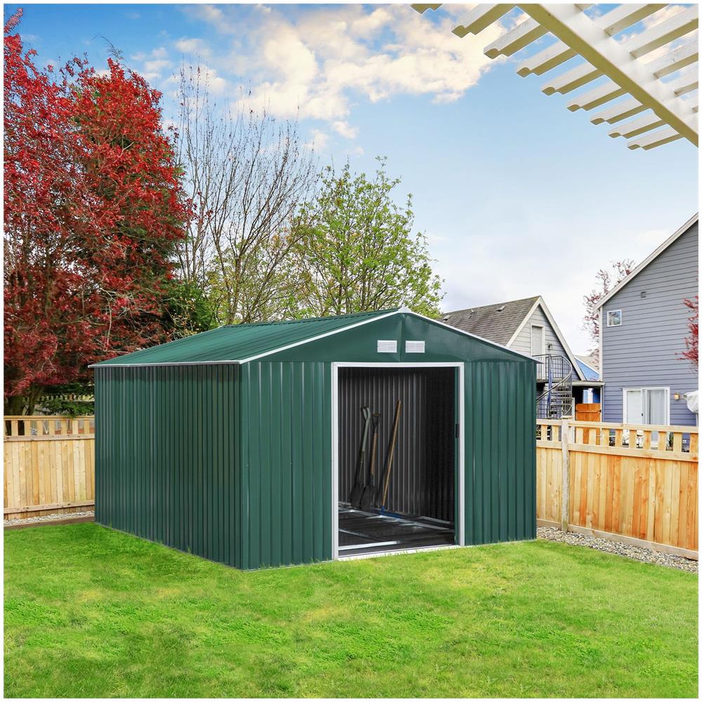 Casetta da Giardino con 2 Porte Scorrevoli e 4 Prese d'Aria in Acciaio, 340x386x200cm, Verde - Foto 2