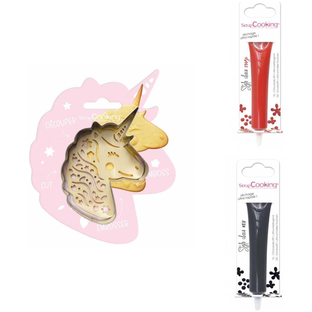 Kit Biscotti Unicorno + 2 Penne Al Cioccolato Rosso E Nero - Foto 1