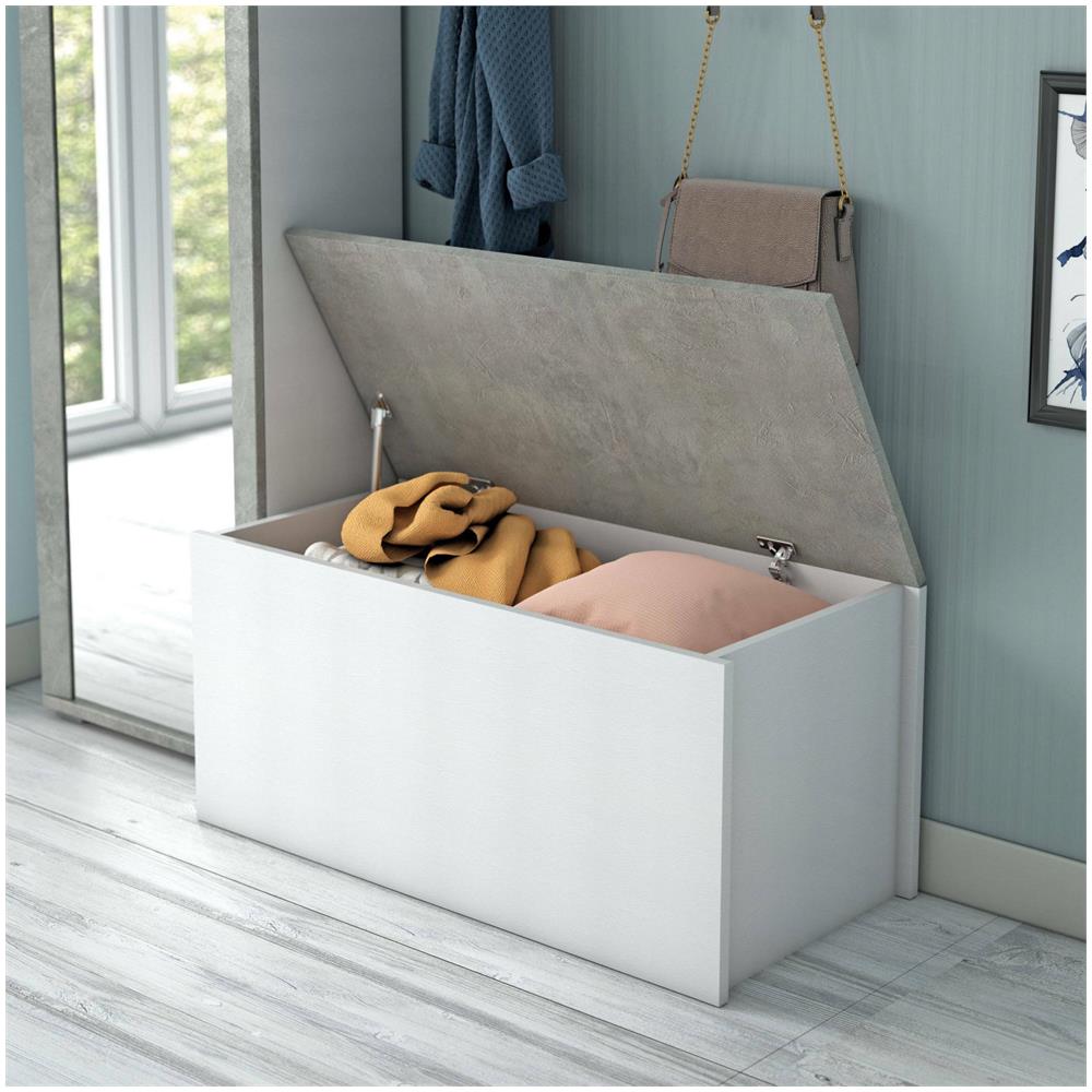 Baule Miltonia, Capiente Box Contenitore Multiuso, Cassapanca Moderna, 100% Made In Italy, 90x45h45 Cm, Bianco E Cemento - Foto 1