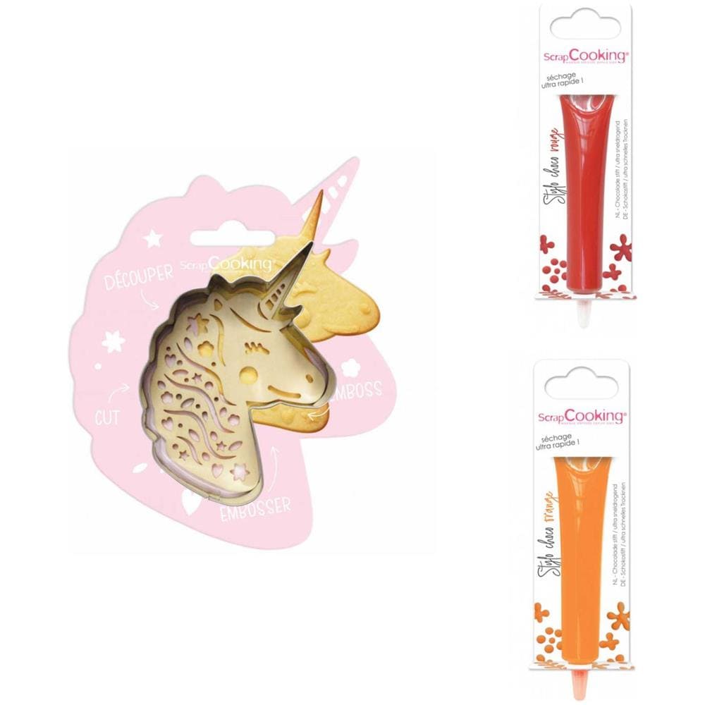 Kit Biscotti Unicorno + 2 Penne Al Cioccolato Rosse E Arancioni - Foto 1
