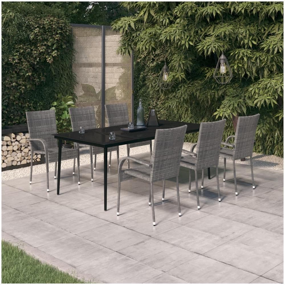 Set Da Pranzo Per Giardino 7 Pz Con Cuscini Grigio E Nero - Foto 1