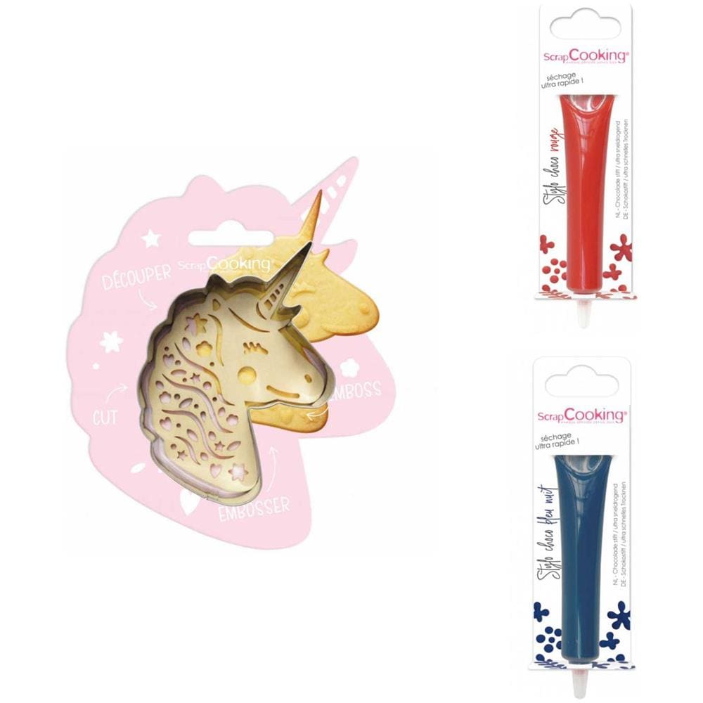 Kit Biscotti Unicorno + 2 Penne Al Cioccolato Rosso E Blu Notte - Foto 1