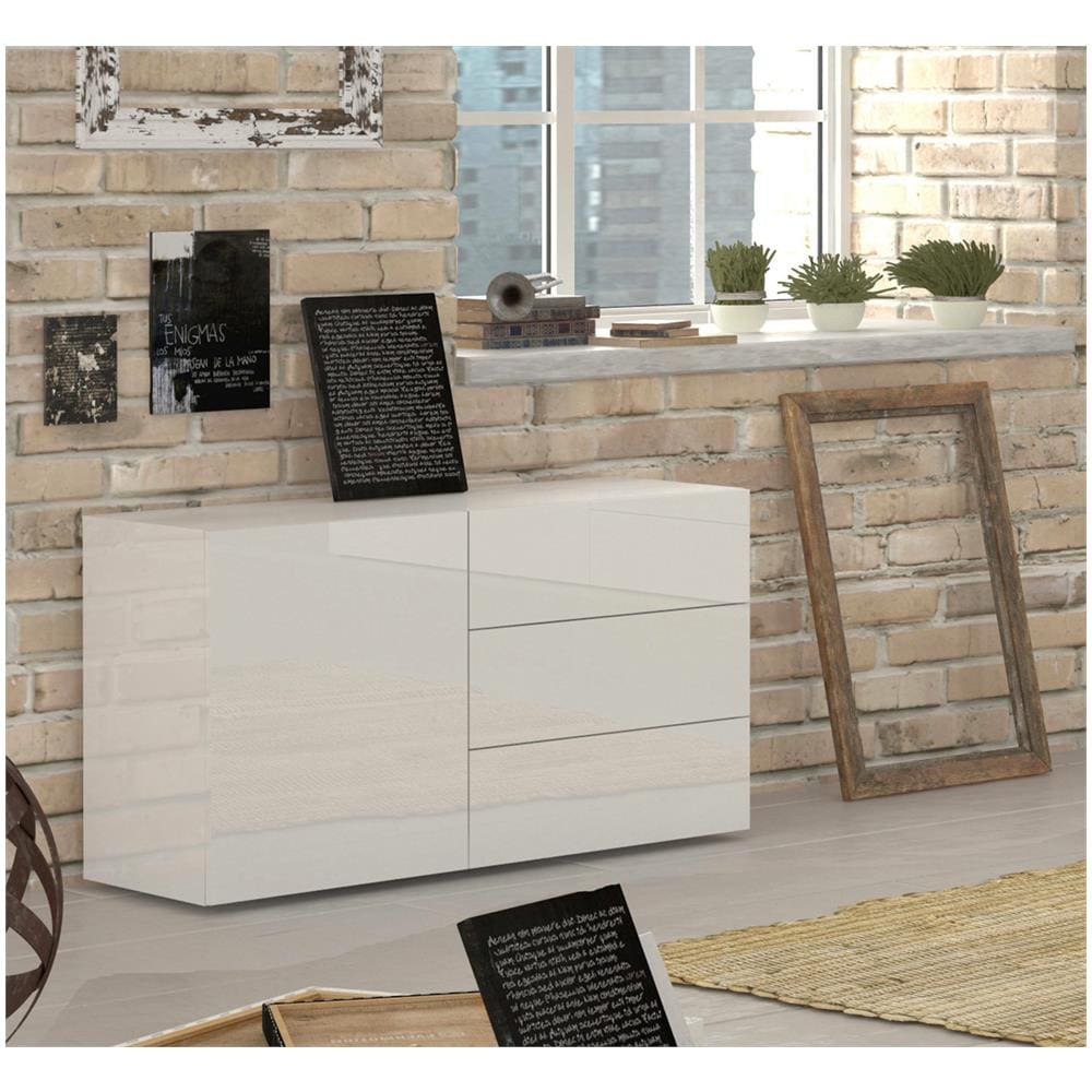 Credenza Enrico, Madia Da Cucina A 1 Anta E 3 Cassetti, Buffet Da Soggiorno, Madia Da Cucina, 100% Made In Italy, Cm 110x40h35, Bianco Lucido - Foto 1