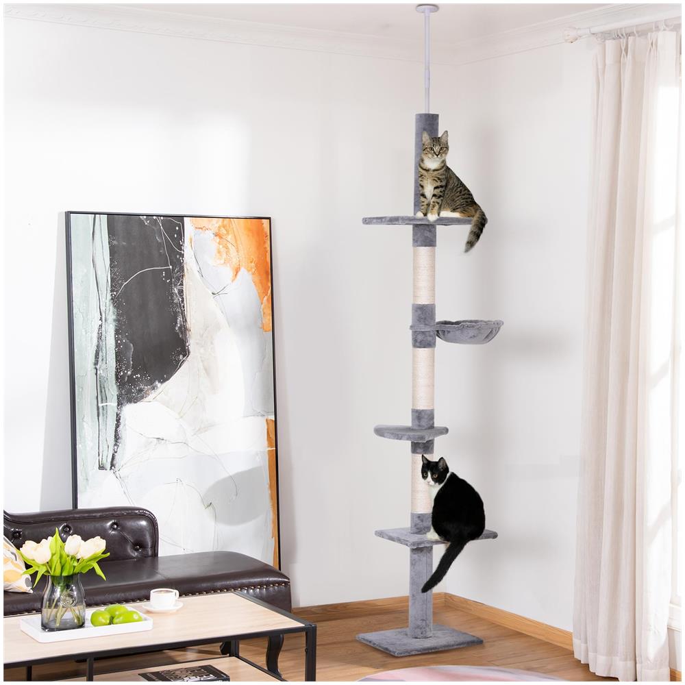 Albero Tiragraffi a 4 Livelli ad Altezza Regolabile, in Truciolato, Peluche e Sisal, 40x34x230-260 cm, Grigio - Foto 2