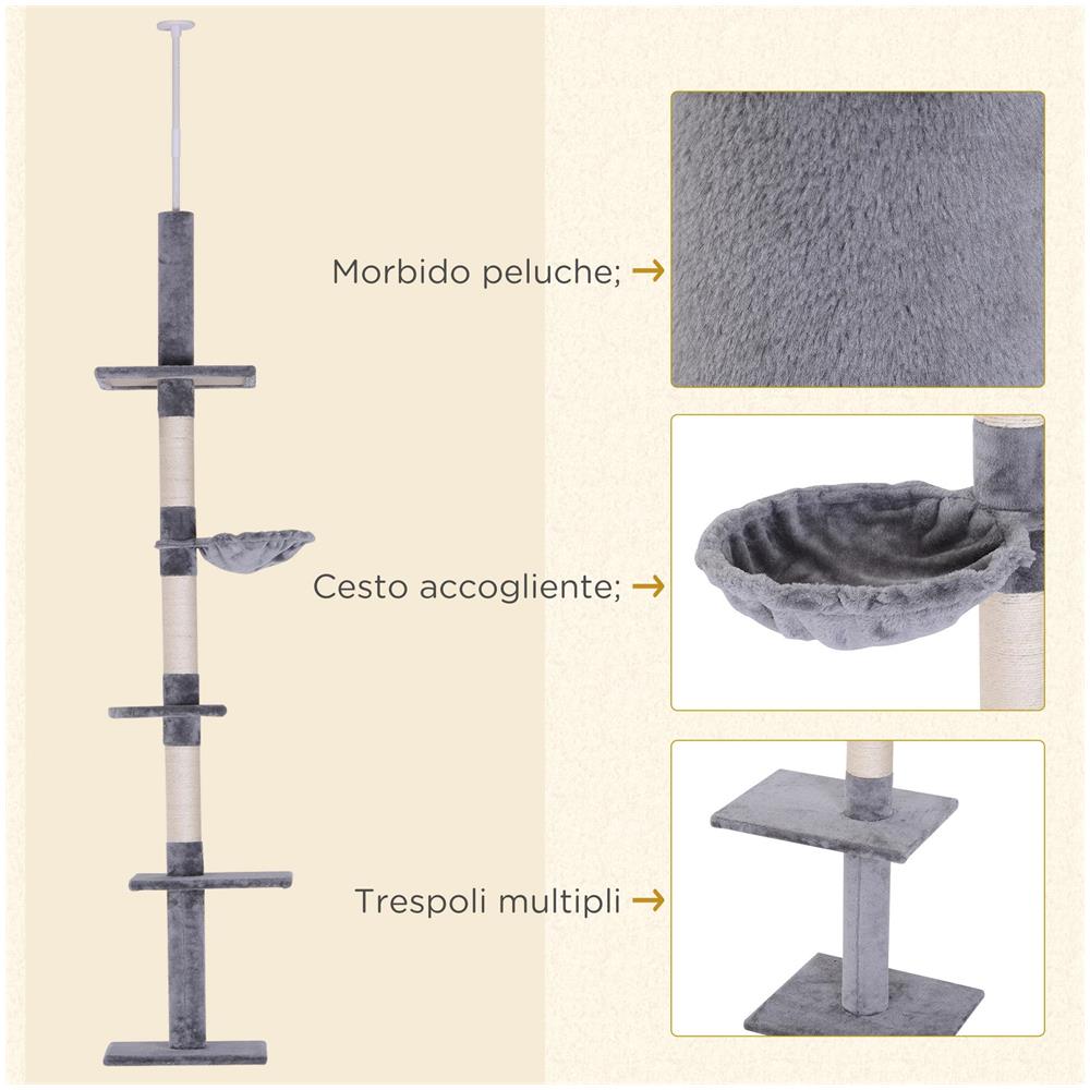 Albero Tiragraffi a 4 Livelli ad Altezza Regolabile, in Truciolato, Peluche e Sisal, 40x34x230-260 cm, Grigio - Foto 6