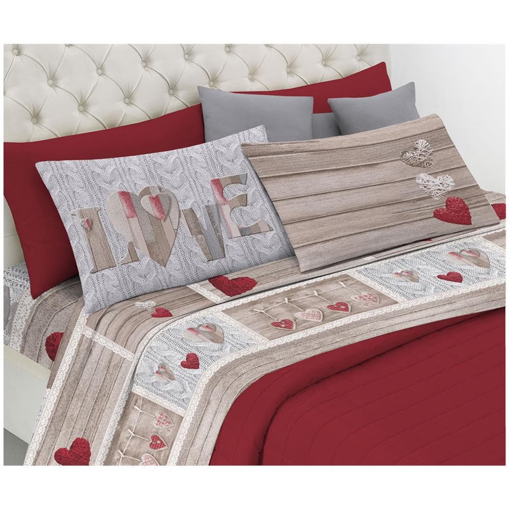Completo Lenzuola In Morbida Flanella Disegno Shabby Love 1 Piazza Singolo Rosso - Foto 1
