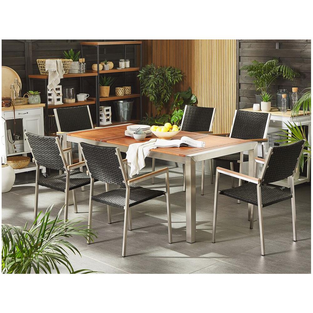 Set Da Giardino Tavolo In Eucalipto E 6 Sedie In Rattan Nero Grosseto - Foto 2