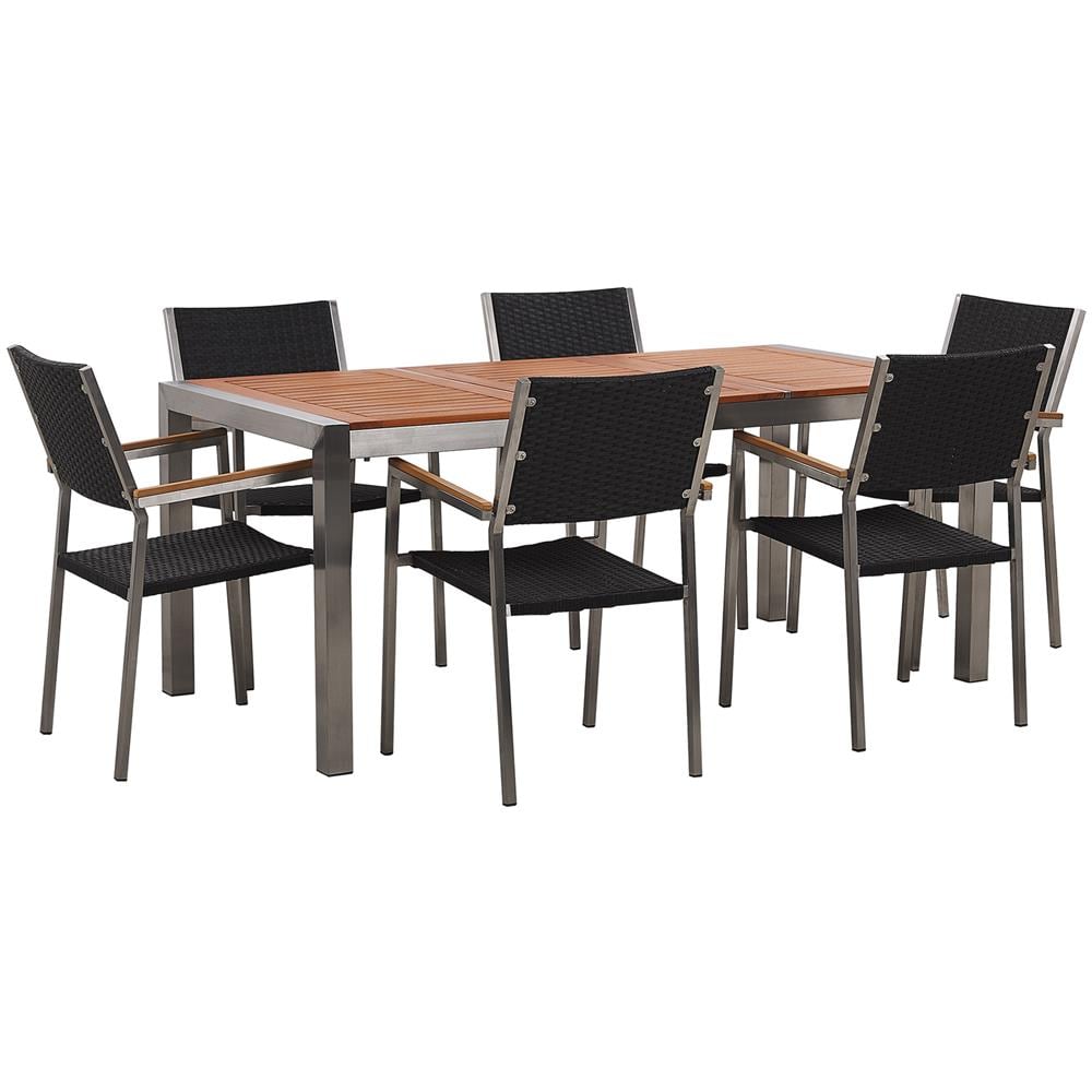 Set Da Giardino Tavolo In Eucalipto E 6 Sedie In Rattan Nero Grosseto - Foto 1