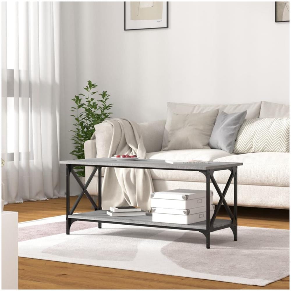 Tavolino Grigio Sonoma 100x45x45cm In Legno Multistrato E Ferro - Foto 3
